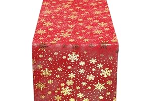 WELTRXE Christmas Table Runner Roll, 28cm x 15M Gold Foil Snowflakes Pattern on Red Table Runner, Reusable Cuttable Runner for Table, Gift Wrapping Xmas Festival Dinner Table Cloth Decor Decoration