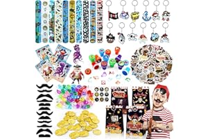 BOIKOKY 206 Pezzi Gadget Pirati Compleanno Bambini, Decorazioni per Feste di Compleanno Pirata, Sacchetti Regalo per Feste Pirata con Adesivi Portachiavi Baffi Francobolli Monete d'Oro Gemme