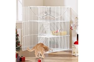 YITAHOME Cage pour Chat à 3 Niveaux avec 3 Portes, 2 Échelles, Hamac, Parc Amovible en Fil Métallique pour 1-2 Chats, Blanc, 72x72x107 cm