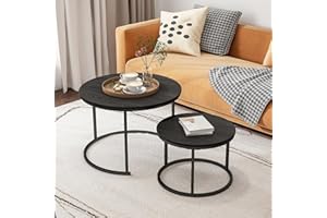 HOJINLINERO Round Coffee Table Side Table Set of 2 for Living Room,Black Coffee Table Nesting Tables Metal Frame with Wood Look,Sturdy and Easy Assembly,Stacking Small Side Table for Bedroom,Black