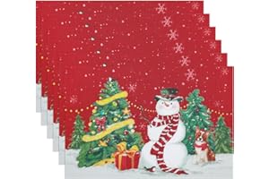 ‎BANCHIF Banchif Tischsets Weihnachten Das Tischset Ist Mit Weihnachtsbaum und Schneemann Motiv Abwaschbar rutschfest Abgrifffeste Hitzebeständig PVC Platzsets Tischdeko Weihnachten Set of 6