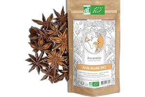 Ascenbio ✿ Anis étoilé, Badiane Chinoise BIO ✿ Parfum chaud, doux et anisé ✿ 180 g Entières ✿ Préparé et conditionné en France ✿ Emballage biodégradable