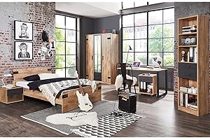 GENERIC Möbel-direkt Jugendzimmer Liverpool in Plankeneiche und Graphit 6 teiliges Komplettset mit Schrank, 140er Bett, Nachttisch, Standregal, Schreibtisch und Rollcontainer…
