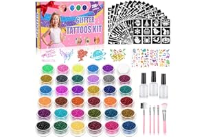 ‎YUEONEWIN Glitter Tattoo Set Children, Glitter Tattoos Children's Set for Girls, 36 Colours, 220 Tattoo Stencils Incl. 3 Glues and 5 Brushes, Glitter Tattoo Girls Temporary, Gift for Party Christmas
