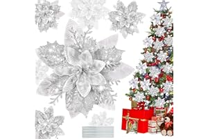 Pecehom 16 Pieces Poinsettia Christmas Decorations,Glitter Artificial Poinsettia Flowers Christmas Tree Ornaments,for New Year Wedding Xmas Wreath Home Party Decor (Silver)