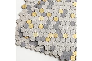 VAOVI 3d Wandfliesen Mosaik Selbstklebende,Küchenfliesen Aufkleber Badezimmer Wanddekoration Klein Steinoptik Texturiert Matte Sechsecke(Grau Gold,10 Stück)