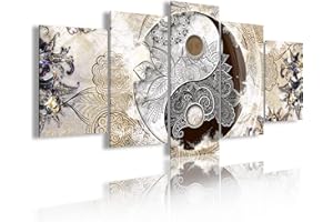 DekoArte 473 - Quadri moderni Stampa di Immagini Artistica Digitalizzata | Tela Decorativa Per Soggiorno o Stanza da letto | Stile Ying Yang Astrazioni Zen Colori Beige Marrone | 5 Pezzi 200 x 100 cm