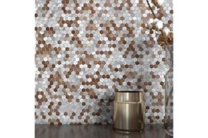 BeNice Stick on Mosaic Tiles Kitchen Backsplash Stickers,Aluminium Tile Small Tiles Metal Hexagon Tiles Stickers(10sheets,Brown)