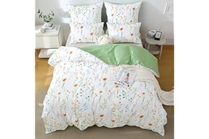 TOCOMOA Pościel 155 x 220 cm, kolorowa, białe kwiaty i liście, zestaw pościeli z zamkiem błyskawicznym, certyfikat Oeko-Tex, 1 poszwa na kołdrę 155 x 220 cm i 1 poszewka na poduszkę 80 x 80 cm