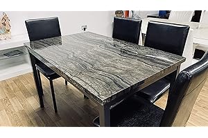 7 STAR FURNITURE Marmor Effekt MDF schwarz und braun Esstisch mit 4/6 Stühlen aus Kunstleder, 120 oder 150 cm mit Schwarzem-Metallrahmen, schwarz, 120