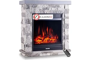 KAMINIO Camino elettrico Juan - Caminetto elettrico a pavimento in effetto pietra con riscaldamento, effetto fiamma 3D, telecomando (Grigio)