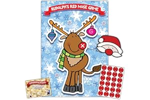 FUN STICKERS Rudolph Christmas Family Party Game - Pin the Nose for Kids & Adults - Up to 24 Players, Includes Santa Face Mask & 24 Red Nose Stickers - Xmas Stocking Filler, Party Favour Supplies