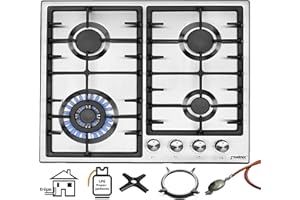 PHÖNIX GERMANY Phönix PS-603T Einbau Gaskochfeld Edelstahl Gaskocher 4 Kochplatten Propan-/ Erdgas inkl. Gasschlauch-Regler Set für Propangasflaschen + Guss WOK Aufsatz + Herdkreuz