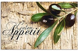 ARTland Spritzschutz Küche aus Alu für Herd Spüle 80x50 cm (BxH) Küchenrückwand mit Motiv Kräuter Olive Guten Appetit Olivenzweig Holzoptik Braun H6ZI