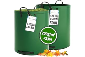 TTL Garden 2 sacchi da giardino Super Solid, da 500 l, colore verde, doppio fondo, 2 x 200 g/m², extra stabili e antistrappo, 4 manici, grandi e robusti, set da 2 sacchi per foglie, siepe, rifiuti da
