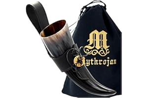Corni per bere Mythrojan Viking, corno per bere medievale, corno norreno con supporto in pelle nera Corno autentico 100% naturale per bere birra, vino - 150 ml