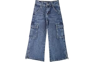 KIDSCOOL SPACE Big Girls' Cargo Jeans with Flap Pocket, Wide Leg and Split Hem Boyfriend Denim Trousers,Black,4-14 Years