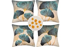 HANRUNSI Juego de 4 Fundas de Cojín Impermeables Ginkgo Biloba - 45x45 cm, Azul Verde Azulado, Lino Decorativo para Sofá, Dormitorio, Jardín al Aire Libre e Interior