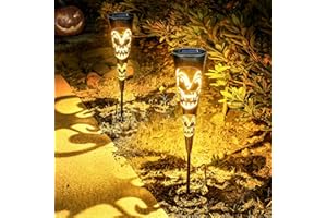 FLOWood 2Pack Solar Skull Face Stake Lights for Halloween Decorations Outdoor, Halloween Lights, Light up Skull Decorations, Solar Pathway Lights for Halloween Party Porch Yard Decor