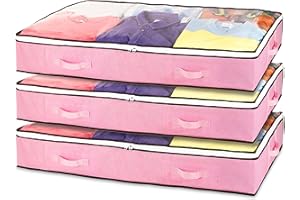 Stackzy Flat Clothes Underbed Storage Bags – Sturdy Fabric Storage Solution – Foldable Underbed Container and Closet Organiser – Reinforced Storage Bin for Clothes – 3pcs, Pink 75L Capacity