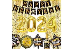 Silvester Deko 2024 Dekoration Set, 17 Stück Silvesterdekoration, Black Gold New Year Decoration, Happy New Year Deko Banner, Silvester Party Aluminium Folienballon Dekoration Accessoires (B)