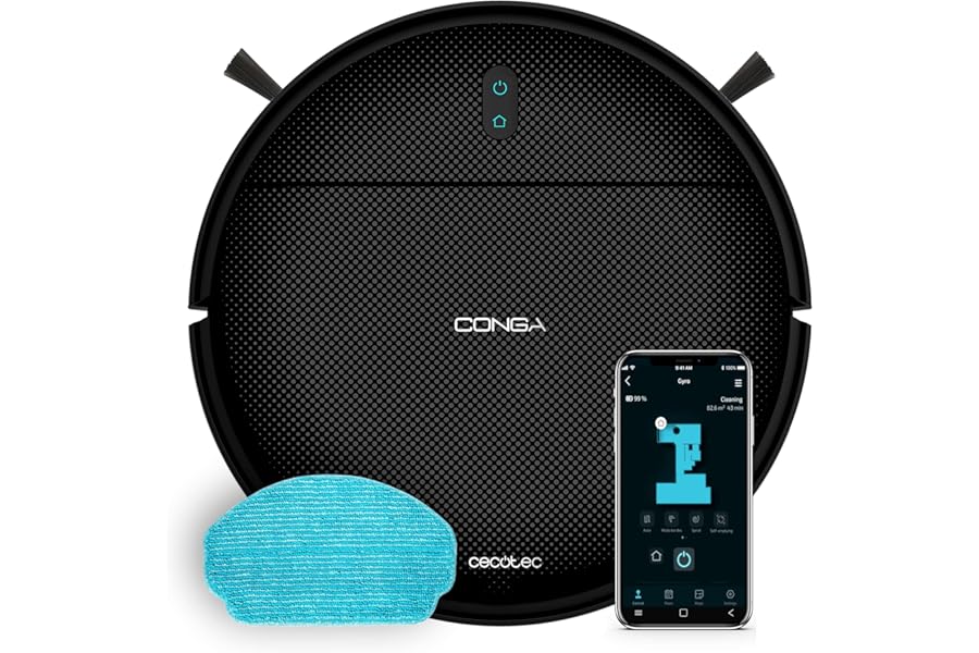 Cecotec Robot Vacuum Cleaner with Gyro Navigation and Conga M10 X-Treme App. 2000Pa, Sweeps, Vacuums, Washes and Passes the Mop, Autonomy 120min, Fall Sensors and 2 Side Brushes