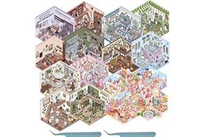 GUNIATA 16Pezzi DIY 3D House Stickers,Adesivi Decorativi 3D per Scene di Case in Miniatura,Divertenti Adesivi DIY per La Scena per Camere Piccole Flower House Café Bakery Biblioteca (16pcs)