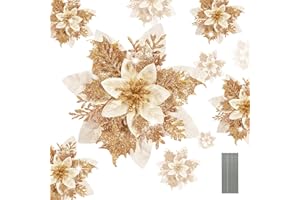 HCSSZ 12pcs Glitter Artificial Poinsettia Faux Flowers with Stems for Wedding Christmas Tree New Year Ornaments Xmas Garland Wreath Decorations(White Gold)