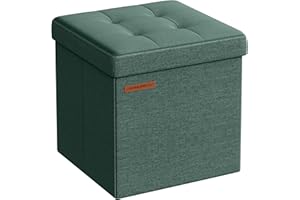 SONGMICS Storage Ottoman, Foldable Small Ottoman Foot Rest, 30 x 30 cm Foot Stool, Ottoman with Storage, Load up to 130 kg, for Living Room, Bedroom, Dorm, Retro Green LSF028C51