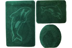 Ilkadim Delphin Badgarnitur 3 TLG. Set 55x85 cm einfarbig, WC Vorleger ohne Ausschnitt für Hänge-WC (dunkelgrün)