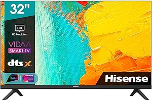 Hisense 32" LED HD Ready 32A4FG, Smart TV VIDAA 4.2, Audio 2.0 12W, Controlli vocali Alexa, Tuner DVB-T2/S2 HEVC 10, lativù, Telecomando RaiPlay, Nero