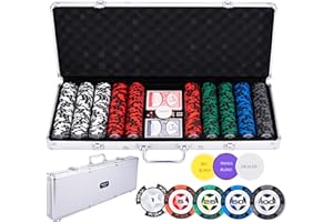 Engelhart - 320920 – Poker-Set – Koffer aus versilbertem Metall – 500 Chips 14 g kleine Einsätze (1 bis 100) + 2 Kartenspiele, 3 Dealerknöpfe, 5 Würfel