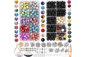 EuTengHao Kit de 1145 perles en pierre de lave avec perles chakra de 8 mm en pierre naturelle et perles d'espacement pour bracelet et cordon élastique pour diffuseur d'huiles essentielles pour