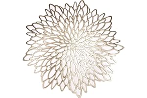 Snowkingdom Pack of 6 Gold Metallic Placemats Laminated Vinyl Round Leaf Plastic Dinning Table Place Mats Decoration for Wedding Christmas Thanksgiving Holiday