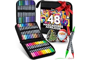 Zenacolor Rotuladores Acrilicos con Doble Punta (Punta Fina y Pincel)- 48 Colores únicos de Rotuladores Permanentes para Distintas Superficies y Obras de Arte- Permanentes Estuche Incluido