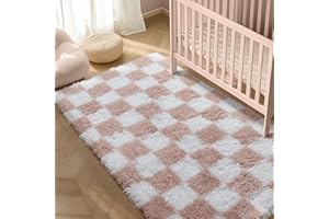 HUGEAR Tappeto Salotto 120x180cm Pelo Lungo a Quadri Grande Rosa Bianco Morbido Tappeti Antiscivolo Moderno Camera da Letto Cucina Salotto Sala Scendiletto Esterno Bambina Bambini Tappeti