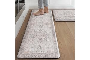 sarben 2 Piece Kitchen Mat Anti Fatigue Standing Mat 43x150cm+43x76cm – Non Slip Rug Kitchen Floor Mat Boho Runner Rug Soft PVC Leather Cushioned Mat Waterproof, Oil-Resistant, Light Taupe Brown