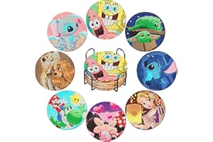 MUPMOD 8 Set of Diamond Painting Coasters Set, Cartoon Theme Diamond Art Coasters Kits for Adults Kids Diamond Art Painting Crafts Supplies Coasters with Holder for Tables & Home Decor