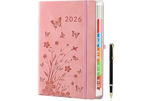 HWXBEN 2026 Agenda Jour par page, A5 (rose) : Agenda par jour de janvier à décembre, agenda quotidien et mensuel avec onglets mensuels colorés, design floral, porte-stylo élastique,2 signets,rose.