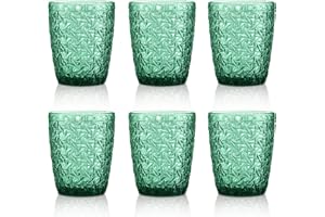 Joeyan Verde Vasos de Agua con Relieve,Vasos de Vidrio Cristalería,Tazas de Agua para Soda Cóctel Té Jugo Bebidas Leche,300 ml,Juego de 6,Apto para Lavavaj