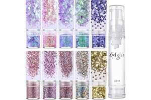 SHENGQIALUN Face Glitter Cosmetic Glitter, 10 Color Chunky Glitters Body HairGlitter with Glue for Body, Cheeks, Hair, Nails, Festival, Stage, Halloween, Party