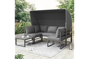 HYUB Garten Loungesessel Set, Sonneninsel Sitzgruppe mit Markise und SitzKissen, Lounge Möbel Outdoor 4er Set, Terassenmöbel Außen mit Couchtisch, Gartenmöbel Set, für Garten und Terrasse, Grau