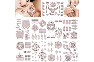 DPKOW Marron Rouge Tatouage Temporaire pour Femme Filles, 9 Feuilles Faux Tatouage Ephemere Mandala Fleur Tatouage Autocollant pour Main Bras Corporel Art, Dentelle Indienne taouages pour Mariage Aïd