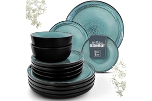 PURE LIVING INTERIOR DESIGN 18 Piece Dinnerware Sets for 6 - Modern Style Stoneware Dinnerware Set - Scratch Resistant, Dishwasher Safe Plates and Bowls Sets Ceramic, Dish Set, Bowl and Plate Set - Black and Petrol Blue…