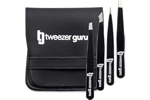 Pinzas de Depilar Profesionales Tweezer Guru Para Cejas (Set de 4) – Pinza Punta Acero Inoxidable – Gran Precisión para Pelos Faciales, Pelos Encarnados, Espinillas y Astillas (Negro)