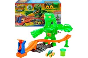 Hot Wheels Monster Trucks Mutant Monster Takedown & Rhinomite | Leksaksset med monstertrucken Mutant Rhinomite i skala 1:64 och 113 g återanvändbart slime, JMW71