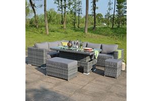 Club Rattan Aluminium Frame Modular Large Corner Sofa Furniture With Rising Table in Grey. 9 Seater garden sofa furniture set