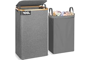 OUSFOT Cesto Portabiancheria Sporca per Bagno Grigio 105L Cesta Portabiancheria in Bambù con Coperchio Porta Biancheria Sporca con Manici Cesto Panni Sporchi