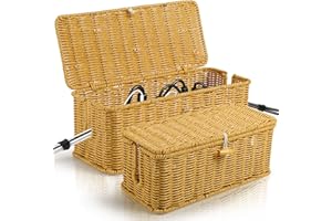 Gucass Lot de 2 Boîte Rangement pour Cable avec Couvercle, Boîte D'organisation des Câbles en Rotin, Boite Multiprise pour Cacher et Organiser Les Câbles, Grande et Moyenne Boite Cache Cable