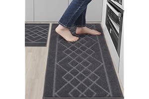 BEQHAUSE Kitchen-Rugs-Sets of 2 Non Slip Machine Washable Kitchen Mats Runner Rug & Floor Mats Soft Standing Mats for Kitchen,Dark Grey,50X76cm+50X122cm